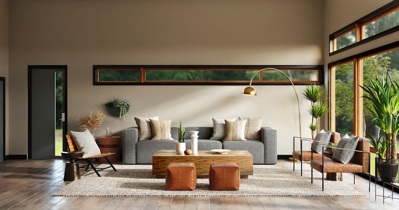 Brass handles installed on a gray sofa’s side table, featuring Japandi living room with warm wood tones, minimalist decor, and natural light—by hometouch.