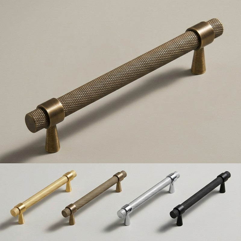 Hometouch bar handle features a sleek rectangular profile and minimalist design, photographed against a neutral backdrop to highlight its antique bronze finish among available options including brass, silver, and black for contemporary kitchen or bathroom cabinet hardware applications.