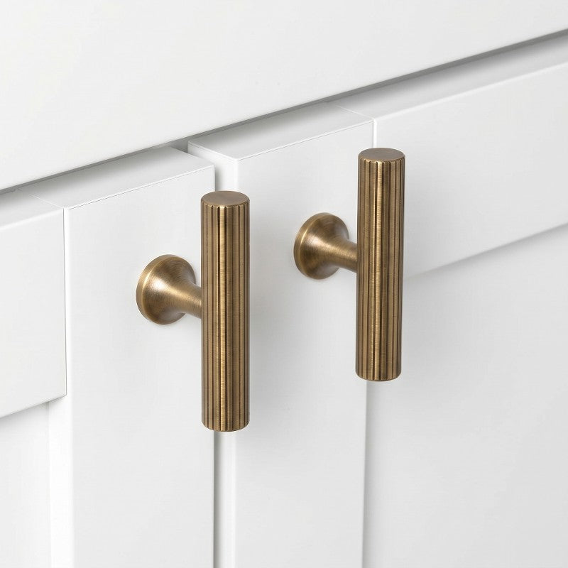 A Hometouch brass cabinet handle showcases a curved lever shape with a warm metallic finish, captured in focused product photography suitable for modern furniture hardware展示 in e-commerce or interior design applications.