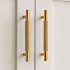 A product photograph of the Hometouch warm-toned brass cabinet handle with a classic profile design, clearly showcasing its hardware form and finish for furniture or kitchen cabinetry visualization and specification purposes.