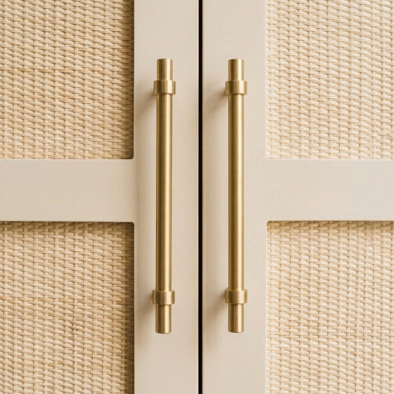 A rectangular bar cabinet pull in a polished brass gold finish, designed for furniture hardware applications and available from Hometouchware.