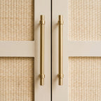 A rectangular bar cabinet pull in a polished brass gold finish, designed for furniture hardware applications and available from Hometouchware.