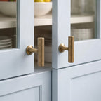 Hometouch curved lever cabinet handle features polished brass and satin gold finish options, designed for modern furniture applications requiring durable and elegant hardware solutions.