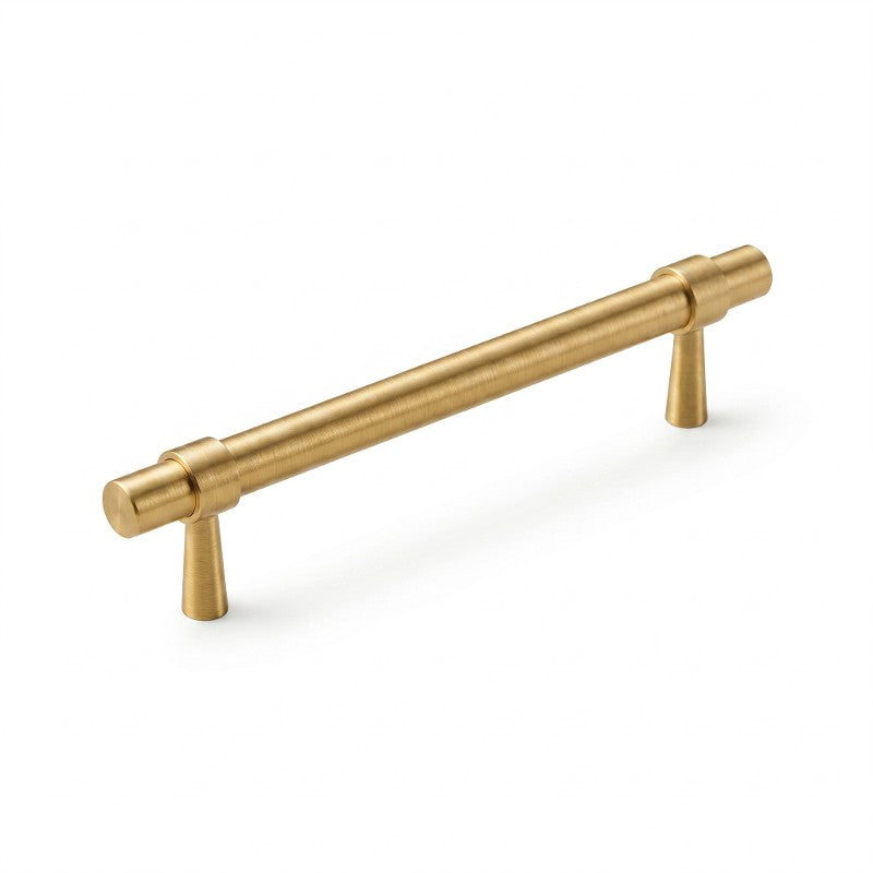 A Hometouch oval cabinet pull handle features an antique brass finish, designed for contemporary furniture and cabinetry hardware applications.