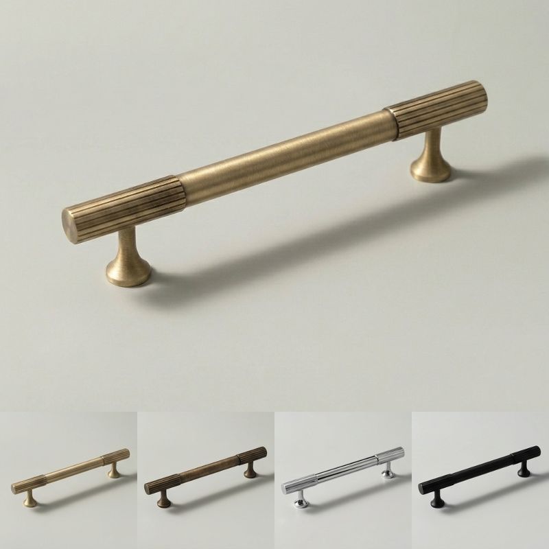 A modern bar pull handle from Hometouch features clean linear geometry and a polished brass finish, presented as a product shot suitable for hardware specifications or e-commerce displays alongside bronze, silver, and black finish variants.