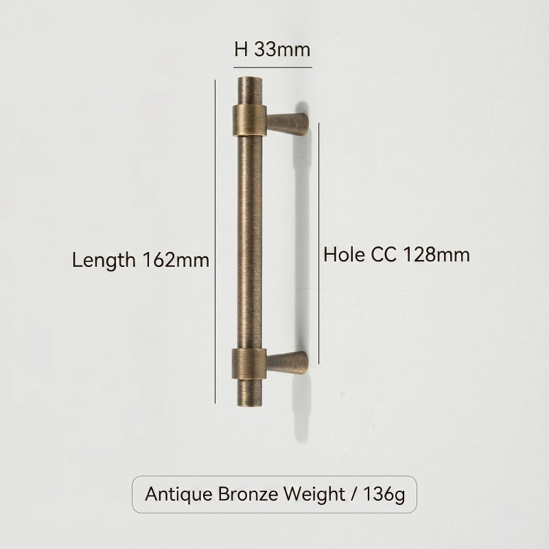A Hometouch cabinet hardware bar pull handle features an antique brass finish designed for kitchen and bathroom cabinetry installations.