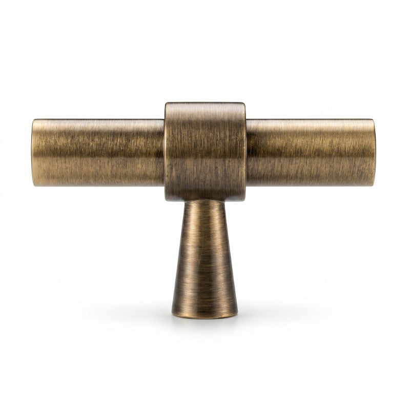 A solid brass bar pull handle with antique finish from Hometouch's cabinet hardware collection, designed for furniture and cabinetry installations where durable, classic hardware is required.